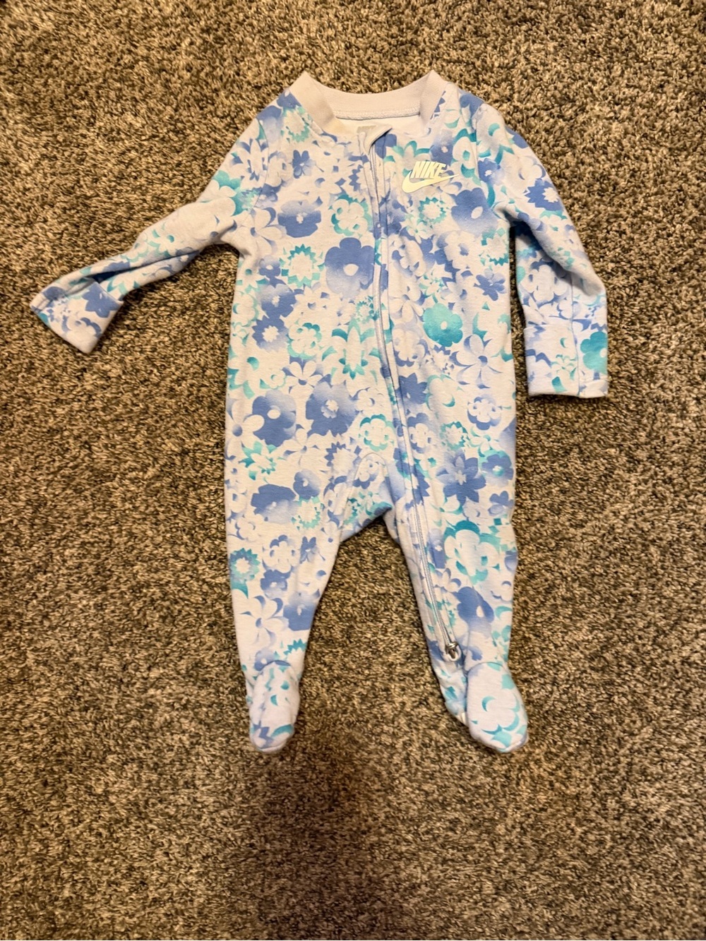 Nike Floral Zip Footed One-Piece - Light Blue & White